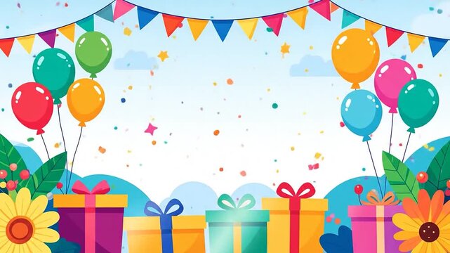 Birthday celebration banner with balloons and gift boxes