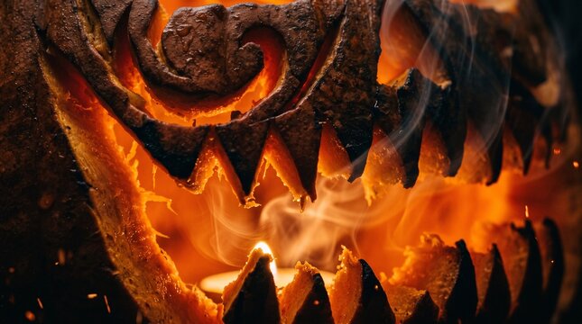 Fiery carved jack o lantern pumpkin bursting with flames and sparks
