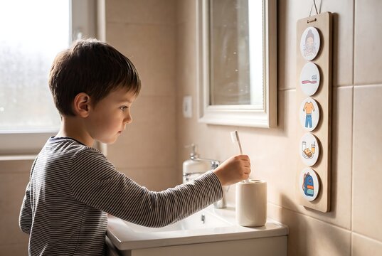 Young Child Washing Hands Following Visual Routine