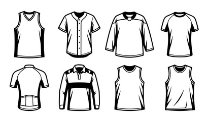 Fototapeta premium Set of various blank sports jersey templates including basketball baseball hockey and cycling shirts in black and white
