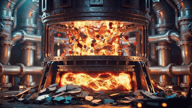 Industrial heavy machinery furnace burning with intense fire and glowing embers in a factory. Ideal for manufacturing and metallurgy concepts.