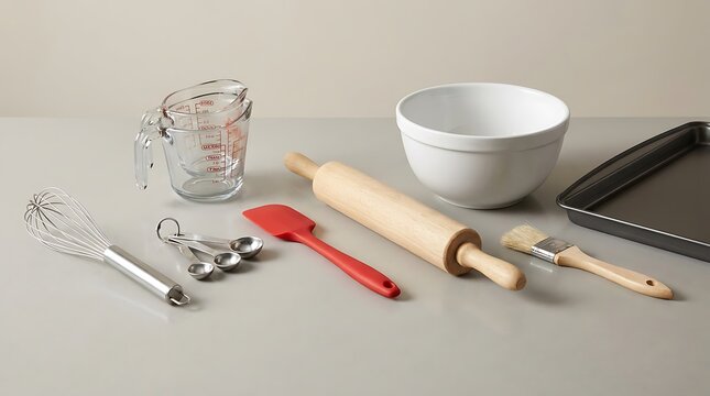 Set of various baking tools like bowl rolling pin whisk and measuring cups for home cooking and baking. beginner baking guide
