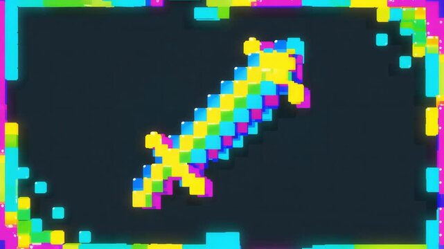 Pickaxe Icon with Glitch Effect, Vibrant Colors and Pixelated Design