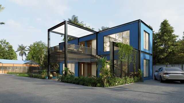 Modern Container House Design: A striking blue modular home constructed from shipping containers, featuring a contemporary design with outdoor living spaces and lush landscaping.