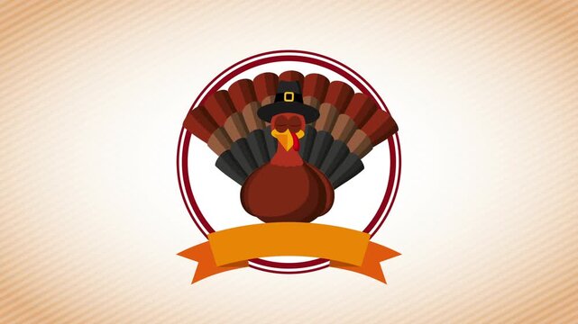 Happy thanksgiving animated card with turkey wearing pilgrim hat and blank ribbon seal over striped background.