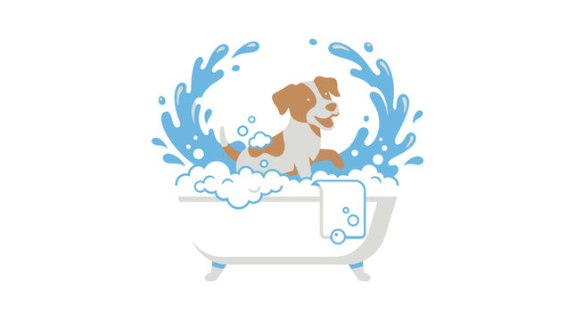 Happy Dog Bath Time with Bubbles and Water Splashes