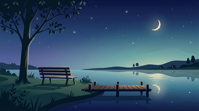 Minimalist flat vector illustration of an empty wooden bench under a tree near a lake pier under a crescent moon at night.
