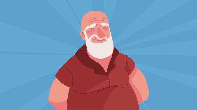 Animated grandfather character smiling in red shirt against sunburst background motion graphic footage.
