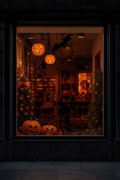 Retail shop window beautifully decorated with halloween jack o lanterns and autumn displays halloween decor jack o lantern carved pumpkins window display seasonal celebration festive lighting