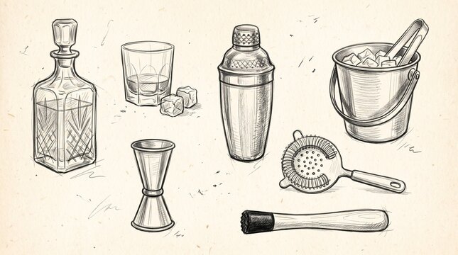 Vintage Bar Tools Sketch Illustration, Hand-Drawn Decanter, Whiskey Glass, Cocktail Shaker, Ice Bucket, Jigger, Strainer, and Muddler on Textured Paper