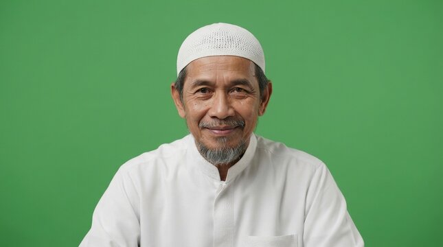 Portrait of a Smiling Senior Asian Muslim Man Wearing White Traditional Attire on Green Screen