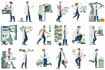 Fototapeta premium Collection of diverse scientists and researchers performing various laboratory tasks, experiments, and scientific work in a flat illustration style.