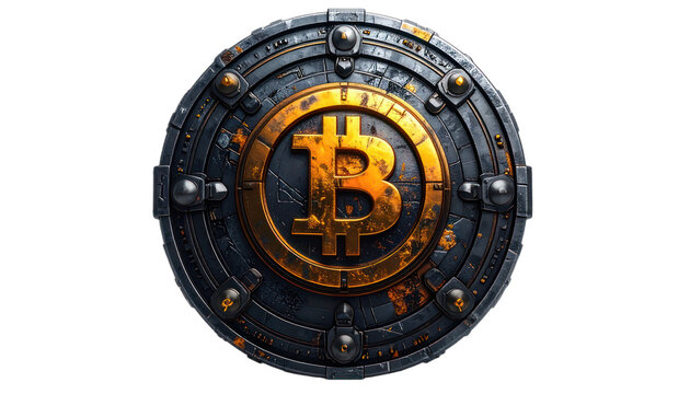 A metallic, circular emblem featuring the Bitcoin symbol. isolated on white background.