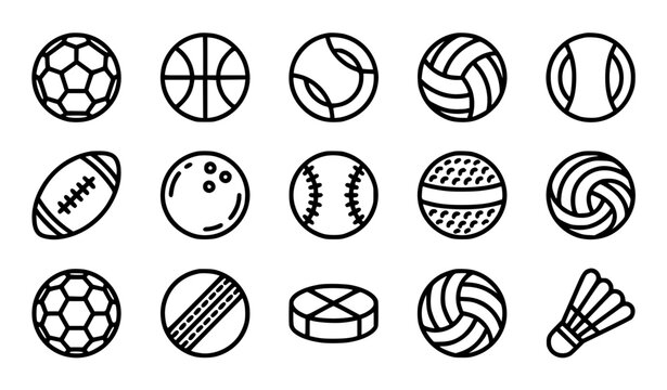Sports equipment line icon set with soccer basketball tennis volleyball rugby and bowling balls