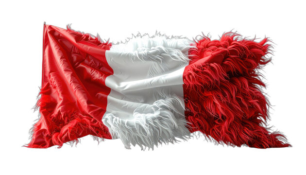 The tattered Peruvian flag waves with a fringed edge, rendered in striking red and white hues against a dark backdrop. isolated on white background.