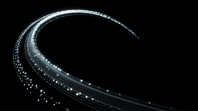 parabolic. Sleek glowing white parabolic trajectory of dots on black background. product launch decks, UI/UX mockups, designed for product launches and innovation pitches, highlights innovation.