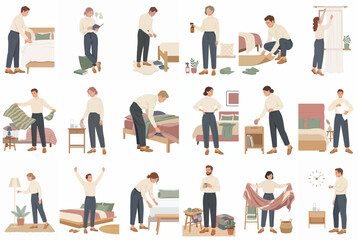 Fototapeta premium Vector illustrations of people performing various morning routines and household chores in a bedroom setting, including making the bed, cleaning, and organizing.
