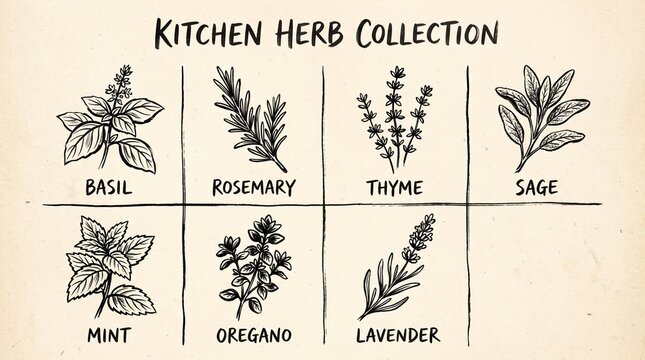 Hand-drawn kitchen herb collection, a vintage botanical illustration set featuring basil, rosemary, thyme, and sage, perfect for culinary and natural product branding.