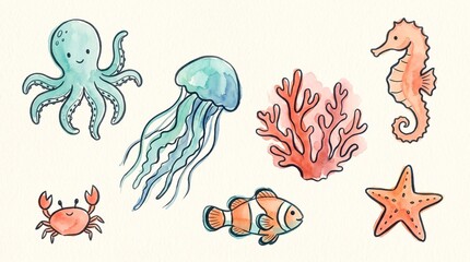 Obraz premium Cute watercolor sea creatures, hand-drawn marine life illustration set, adorable ocean animals for children's designs, vibrant underwater fauna collection, whimsical aquatic elements.