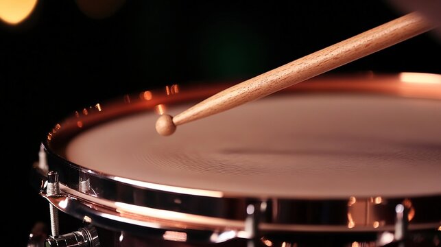 timpani. Close-up of a timpani drumhead with a drumstick poised just above its center. event programs, museum guides, designed for cultural heritage projects and event programs, preserves heritage.