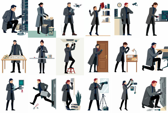 A collection of eighteen vector illustrations depicting a male secret agent or spy character in various investigative and covert action poses.