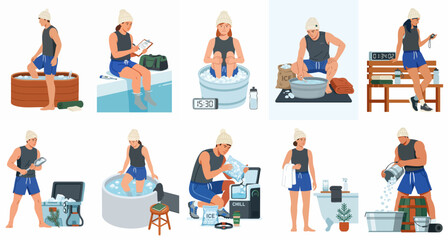 Fototapeta premium Vector illustration set of an athlete performing various cold water immersion and ice bath techniques for muscle recovery and wellness.