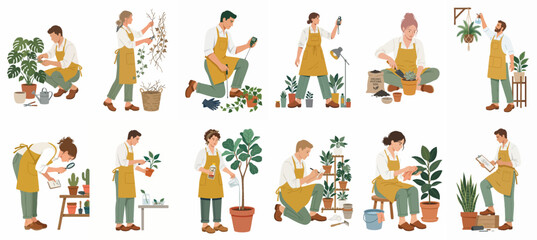 Naklejka premium A flat illustration set of people in yellow aprons caring for indoor houseplants through various activities like watering, pruning, and potting.