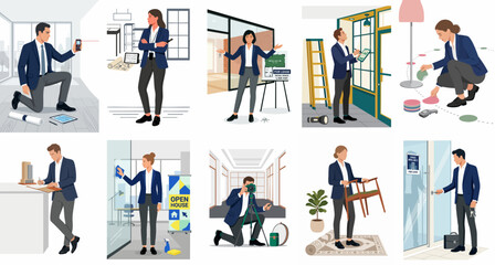 Fototapeta premium Vector Illustration Set of Real Estate Professionals Performing Various Tasks like Property Inspection, Appraisal, and Management in Different Indoor Environments.