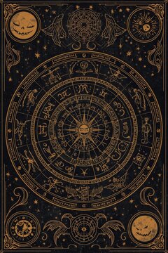 Mystical celestial astrology wheel with zodiac signs and golden symbols on dark background celestial map mystical art horoscope chart gold astrology magic circle astronomy chart vintage celesti