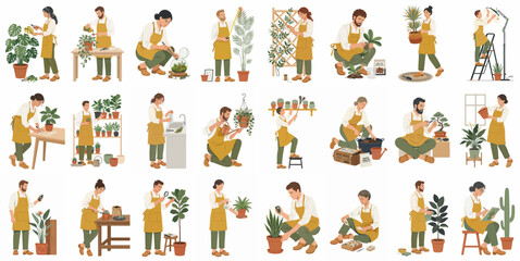 Fototapeta premium Illustration of a diverse set of people caring for indoor houseplants, watering, pruning, and repotting, wearing yellow aprons on a white background.