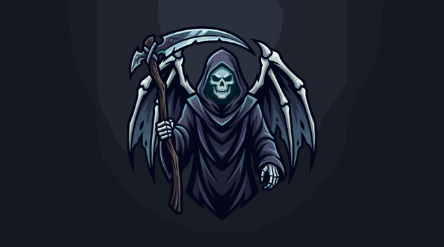 Grim reaper mascot logo design featuring a skeletal figure in a hooded cloak with large tattered wings holding a sharp scythe, high-quality vector illustration for esports gaming.