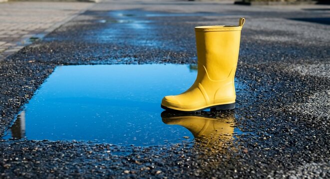 Bright yellow rubber boot standing inside a large puddle on wet asphalt street
