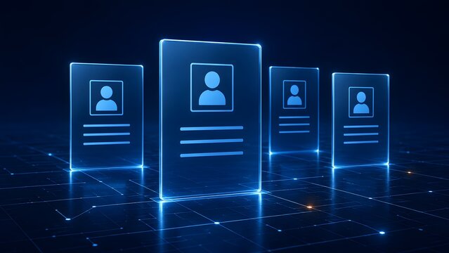 Futuristic digital user profiles floating on a glowing cybernetic network floor representing a virtual database, social networking, and human resources technology.