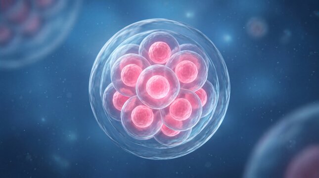 Microscopic 3D medical illustration of early human embryo cell division showing cleavage stage morula development for IVF fertility and stem biological healthcare laboratory scientific research