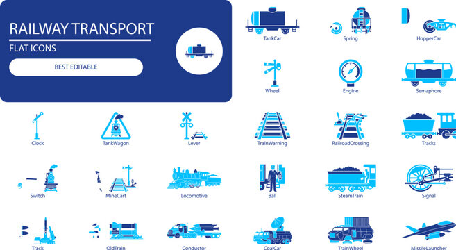 Railway transport icons set. Minimal silhouette vector collection of trains, tracks, signals and military vehicles for logistics design