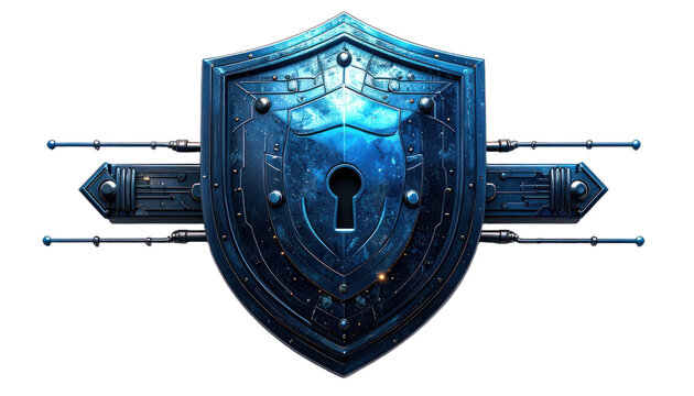 A metallic blue shield with a keyhole emblem and mechanical attachments. isolated on white background.
