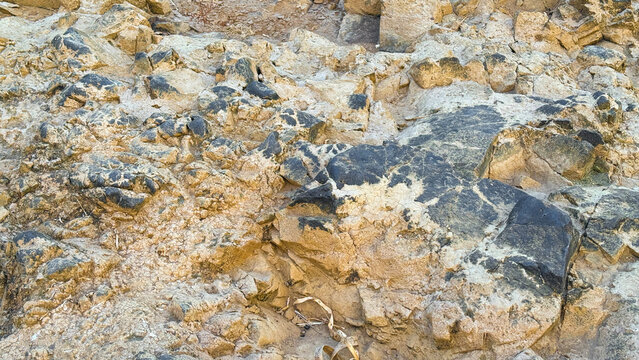 Natural rock texture with volcanic patches in arid terrain background.