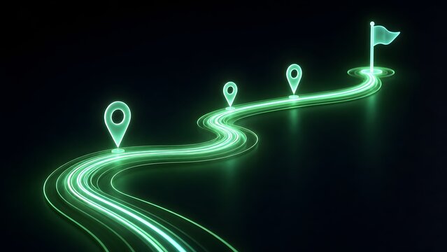 Glowing green digital roadmap with location pins leading to a destination flag, symbolizing business strategy, progress, and achieving goals.