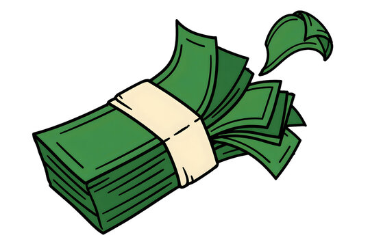 Cartoon stack of green cash with flying dollar bill isolated