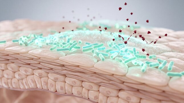 Realistic 3d medical illustration of skin microbiome bacteria protecting the epidermal barrier from harmful pathogens and infections for dermatology, skincare, and healthcare research