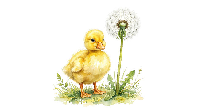 Watercolor baby duckling with dandelion flower, cute yellow duck in spring grass, hand painted farm animal illustration isolated PNG with Transparent Background