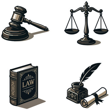 Vintage legal icon set featuring judge gavel, scales of justice, law book, and quill with scroll
