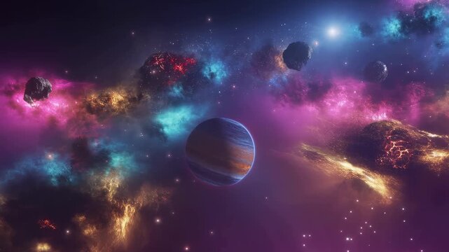 Cinematic deep space background with distant planet, colorful nebulae and floating asteroids