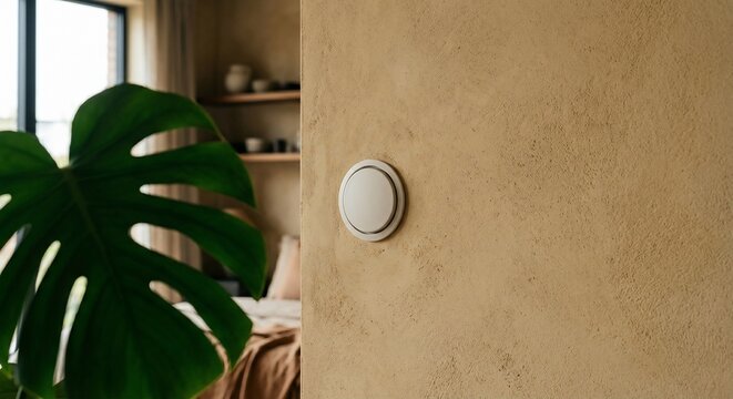Modern round light switch mounted on beige textured plaster wall in stylish room interior