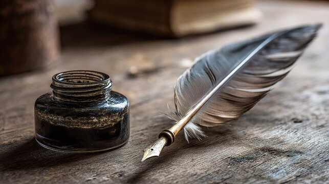 inkwell. A classical feather quill pen resting next to an open inkwell on a wooden desk. event programs, museum guides, designed for cultural heritage projects and event programs, preserves heritage.