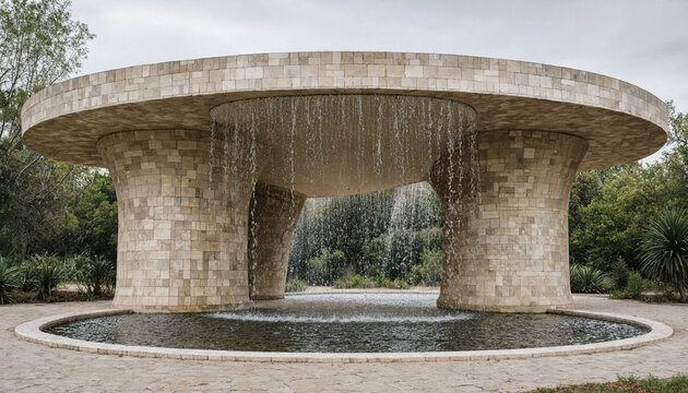 Circular stone pavilion with a water fountain feature cascading from the roof into a pool surrounded by lush green trees in a public garden