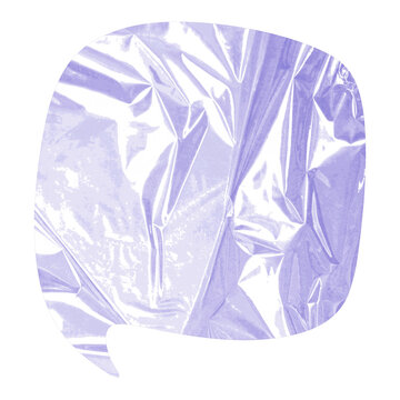 Purple Crumpled Plastic Speech Bubble Chat Icon with Glossy Wrinkled Transparent Texture, Abstract Communication Message Symbol Isolated on Transparent Background