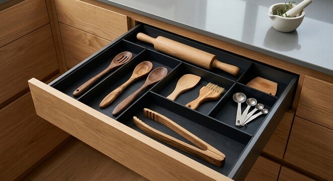 Organized wooden kitchen utensils inside a modern drawer storage unit