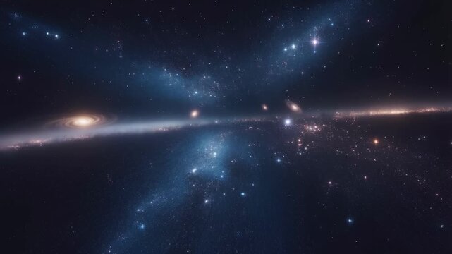 Cinematic deep space with multiple spiral galaxies and bright star clusters in a dark universe.