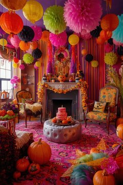 Indoor room decorated with colorful paper lanterns pom-poms pumpkins a central fireplace mantle setup party decor living room fireplace mantel interior design pink carpet ceiling decorations
